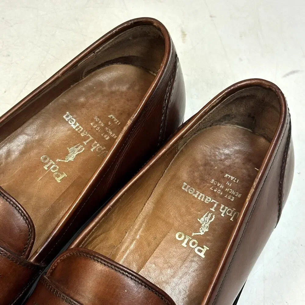 NEW HEELS Polo Ralph Lauren Penny Loafer Cognac Brown Bench Made in Italy 8 D